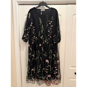 Nemidor Plus Size 18 Black Floral Embroidered Mesh Midi Dress NWT